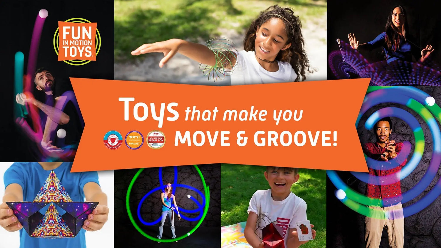 Banner featuring Fun In Motion Toys with people playing with Shashibo cubes, Wandini Glow.0, and other motion toys. Central text reads 'Toys that make you MOVE & GROOVE!' with the Fun In Motion Toys logo and award badges below.