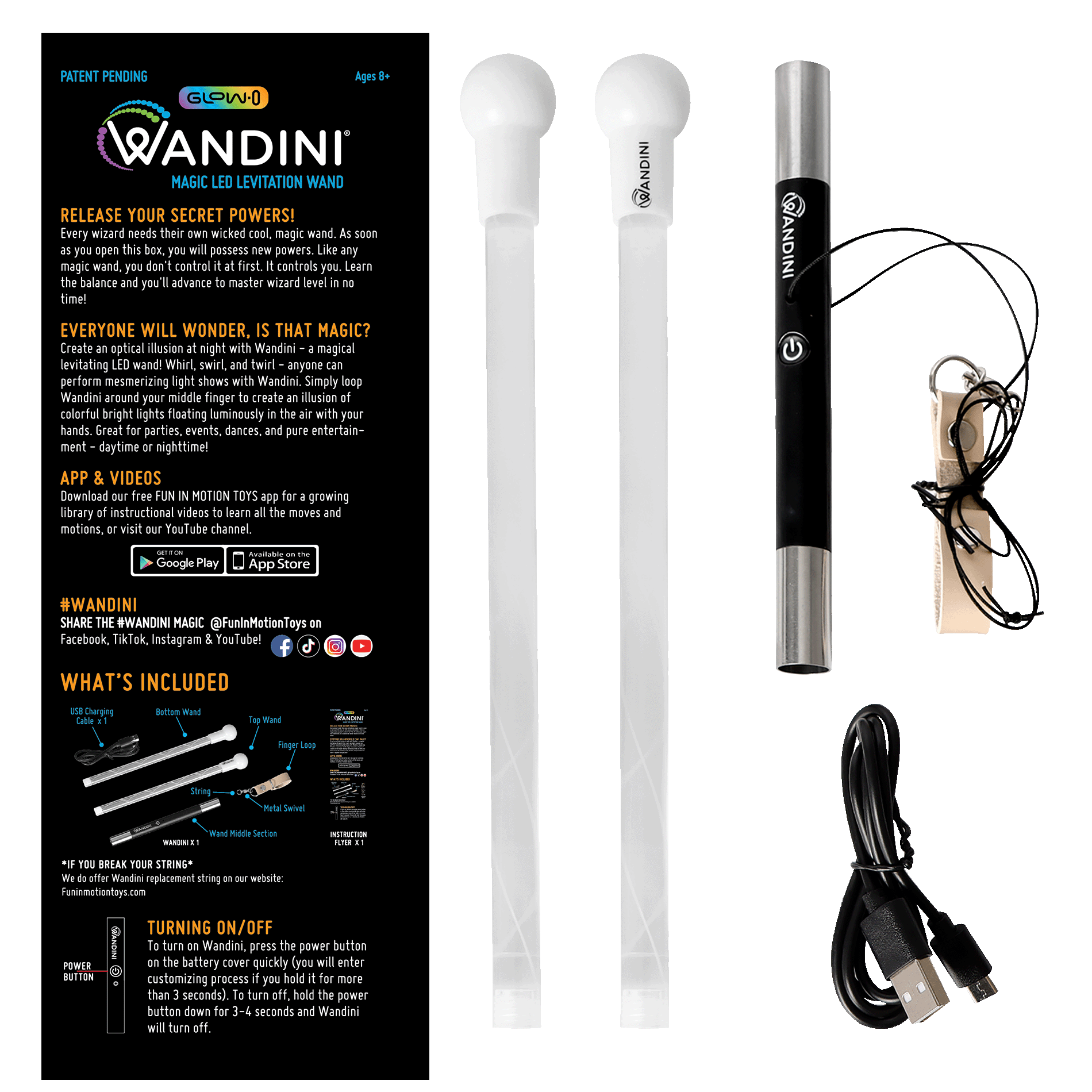 An overview of the Wandini Glow.0 Magic LED Levitation Wand, showing the components included in the package: two LED tubes, the main wand, a USB charging cable, wrist strap, and the product's instructional manual.