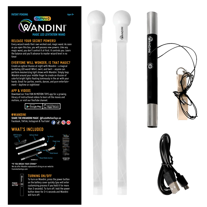 An overview of the Wandini Glow.0 Magic LED Levitation Wand, showing the components included in the package: two LED tubes, the main wand, a USB charging cable, wrist strap, and the product's instructional manual.