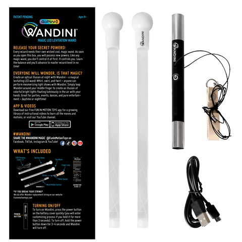 An overview of the Wandini Glow.0 Magic LED Levitation Wand, showing the components included in the package: two LED tubes, the main wand, a USB charging cable, wrist strap, and the product's instructional manual.