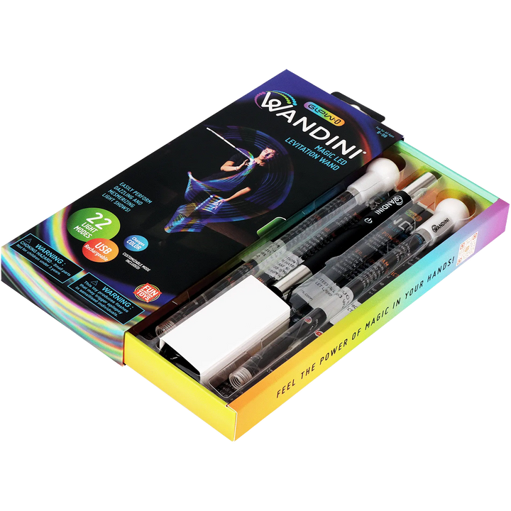 Packaging of the Wandini Glow.0 Magic LED Levitation Wand, displayed alongside the contents, including the wand, USB charging cable, and additional accessories.