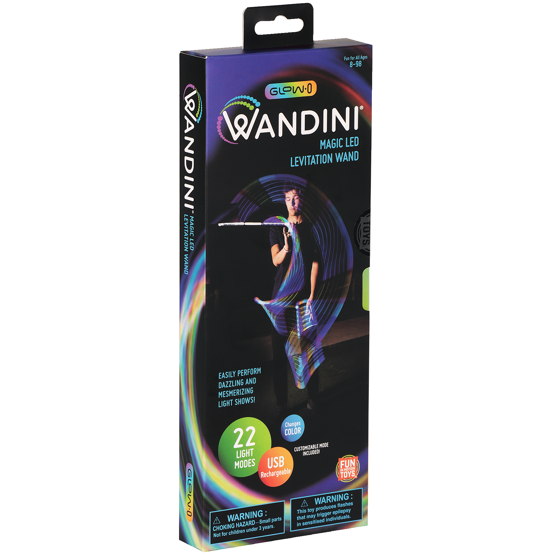 Side view of the Wandini Glow.0 Magic LED Levitation Wand packaging, displaying the product details and specifications.