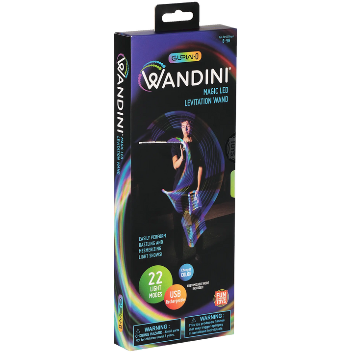 Side view of the Wandini Glow.0 Magic LED Levitation Wand packaging, displaying the product details and specifications.