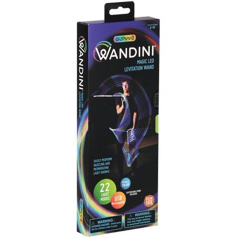 Side view of the Wandini Glow.0 Magic LED Levitation Wand packaging, displaying the product details and specifications.