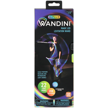 Product packaging for the Wandini Glow.0 Magic LED Levitation Wand, featuring a performer creating colorful light trails with the wand on the front. The packaging highlights the key features, including 22 light modes, customizable color modes, USB rechargeability, and a warning about the toy's flashing lights. Smaller images below show different views of the packaging, the LED light options, and the included accessories such as the wand, USB charging cable, and additional parts.