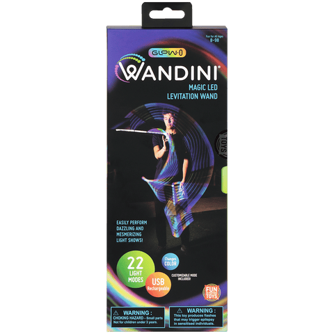 Product packaging for the Wandini Glow.0 Magic LED Levitation Wand, featuring a performer creating colorful light trails with the wand on the front. The packaging highlights the key features, including 22 light modes, customizable color modes, USB rechargeability, and a warning about the toy's flashing lights. Smaller images below show different views of the packaging, the LED light options, and the included accessories such as the wand, USB charging cable, and additional parts.