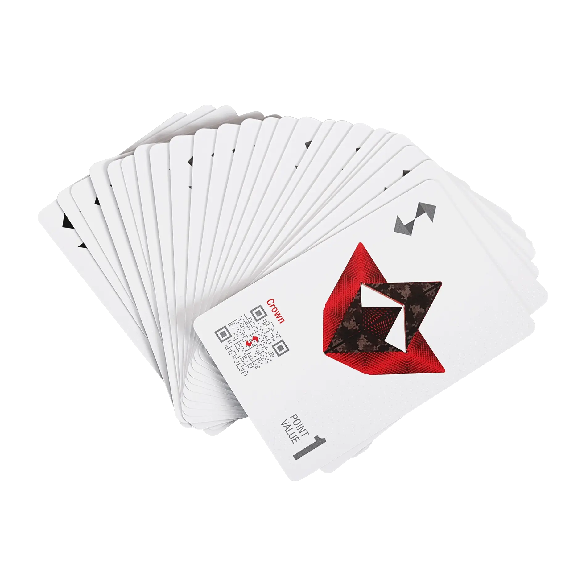 Playing cards with a red triangle design on a white background