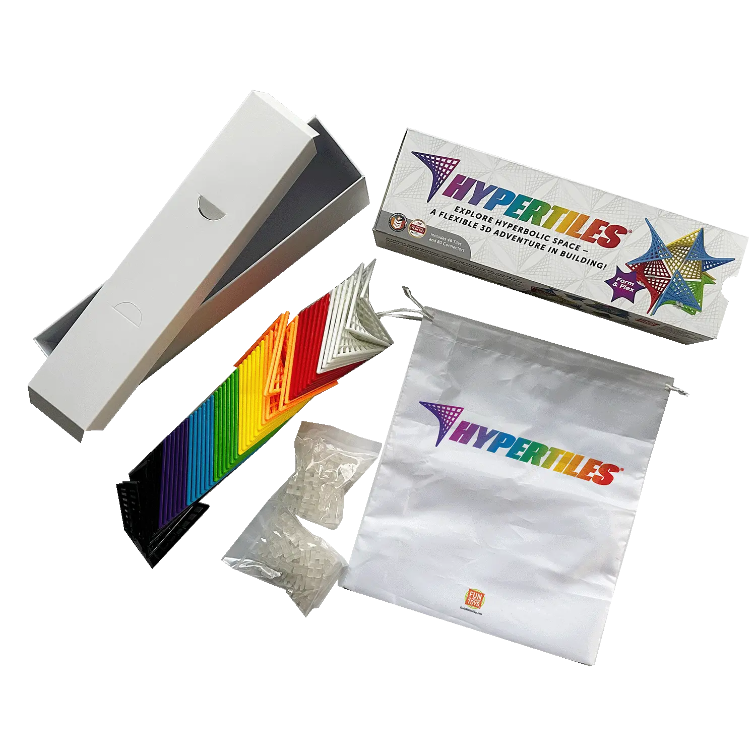 HyperTiles box with unpackaged colorful geometric tiles arranged beside it.