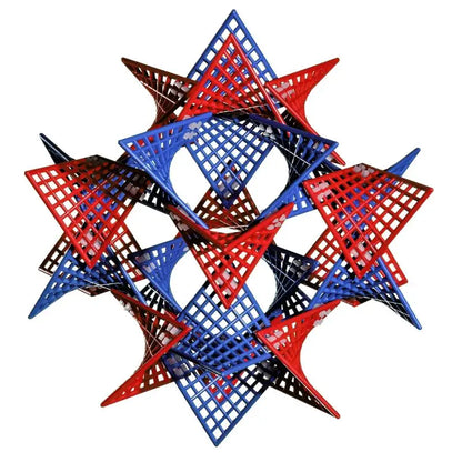 Blue and red HyperTiles geometric star structure, demonstrating creative assembly possibilities.