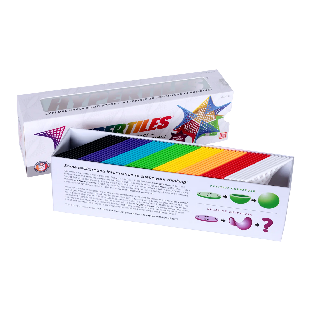 Unopened HyperTiles box with a colorful array of geometric tiles displayed alongside.