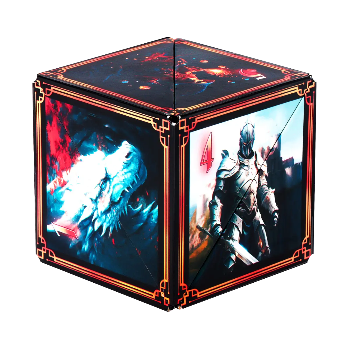 Shashibo Dice Series cube, Tales of Ovirnia, featuring detailed artwork of a dragon and a knight, emphasizing its collectible and creative design.