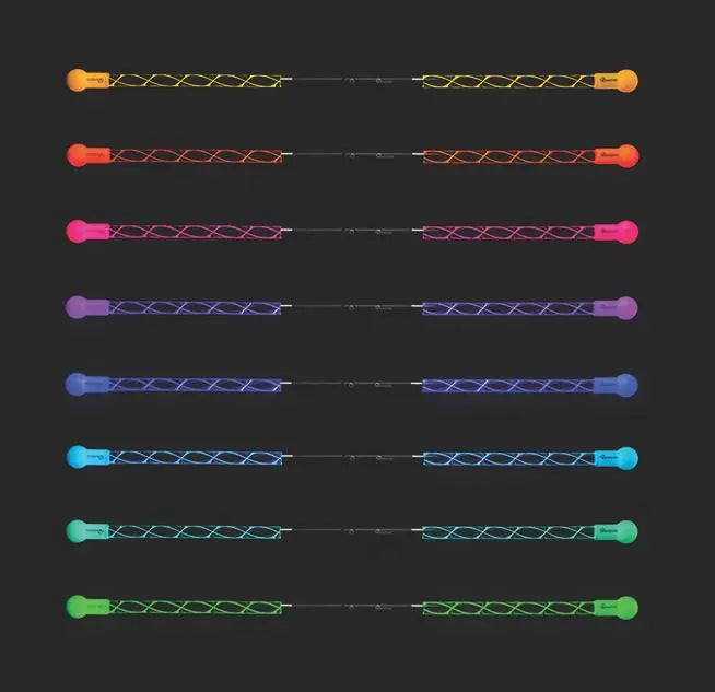 Display of the Wandini Glow.0 Magic LED Levitation Wand's various LED light options, showcasing a spectrum of vibrant colors arranged in rows against a black background.