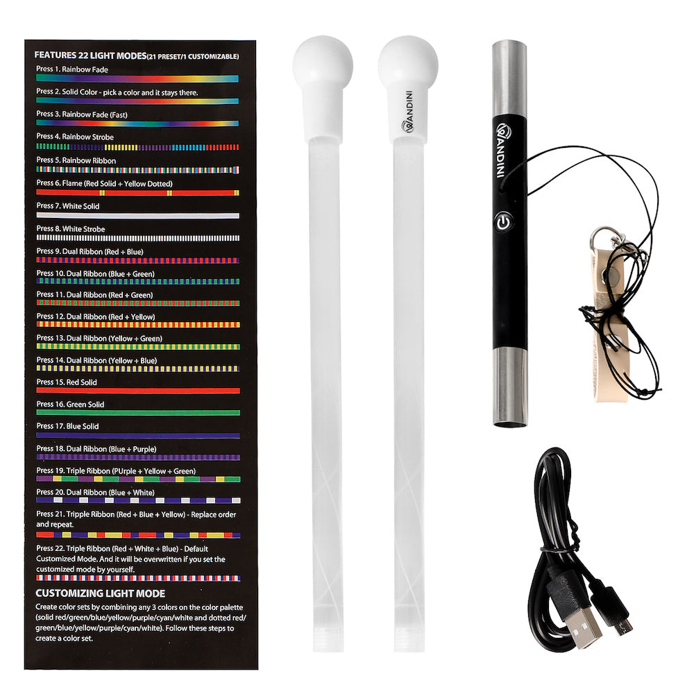 Overview of the Wandini Glow.0 accessories, including the wand, USB charging cable, and additional components laid out on a white background.